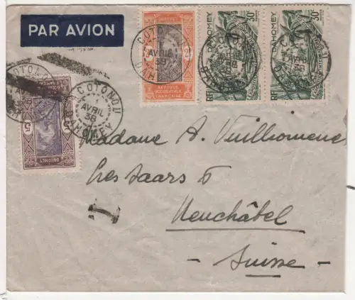 Dahomey 1939, 4 Marken auf Luftpost Brief v. Cotonou i.d. Schweiz 