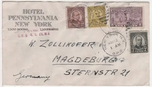 USA 1937, 7+8+10+12 C. on Special Delivery hotel cover from NY to Germany