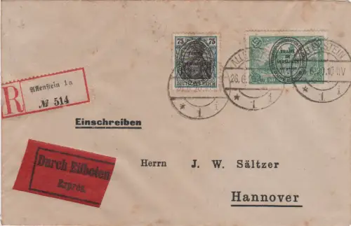 Allenstein 1920, 1,25 Mk.+75 Pf. auf Einschreiben Express Brief n. Hannover