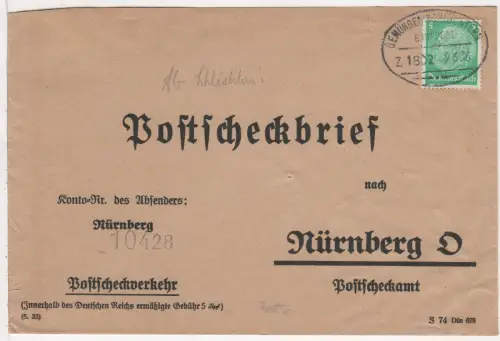 DR 1936, 5 Pf. auf Postscheck Brief m. Bahnpost Stpl. Gemünden-Schlüchtern