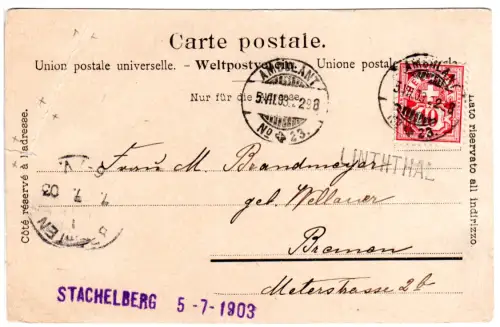 Schweiz 1903, L1 LINTHTHAL auf AK m. 10 C. u. Bahnpost Stpl. Ambulant No.23