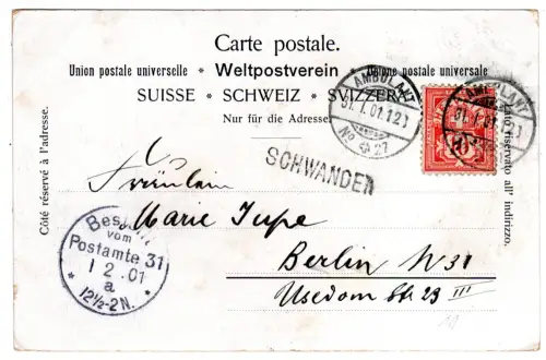 Schweiz 1901, L1 SCHWANDEN auf AK m. 10 C. u. Bahnpost Stpl. Ambulant No.27
