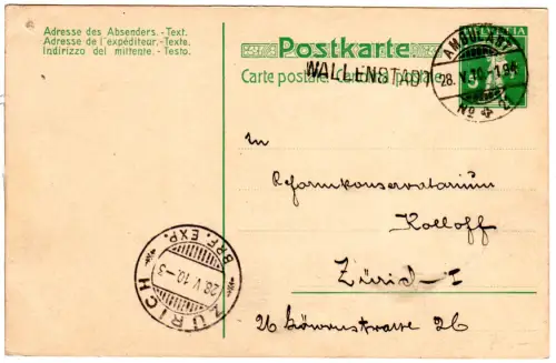 Schweiz 1910, L1 WALLENSTADT u. Bahnpost Stpl Ambulant No.21 auf 5 C. Ganzsache 