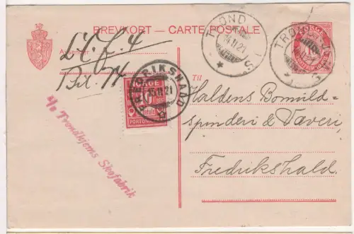 Norwegen 1921, 10 öre Porto auf 10 öre Ganzsache v. Trondhjem n. Fredrikshald