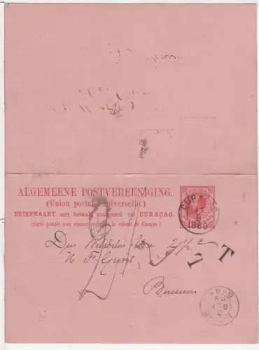 Curacao 1889, 5+5 C. Doppelkarte Ganzsache m. "T"-Stpl. u. Porto n. Bussum NL