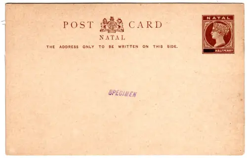 Natal, overprinted 1 1/2d stationery card with SPECIMEN imprint