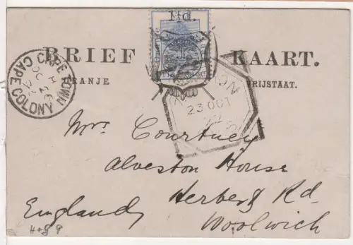  Orange Free State 1892, 1 1/2d Marke auf Ganzsache v. Hebron via Cape Col n. GB