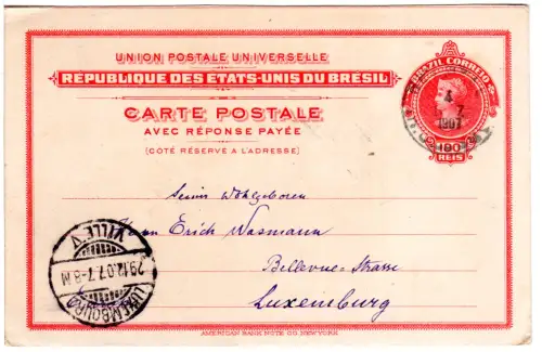 Brasilien 1907, 100 R. Ganzsachenkarte v. Pelotas n. Luxemburg. Destination!