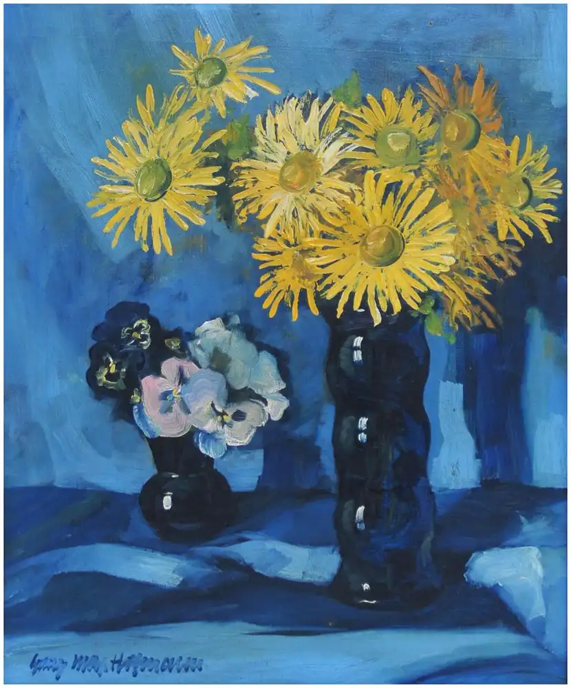 Georg Max Hofmann (1891 Hof 1955). Stillleben mit gelben Blumen und Veilchen. 1