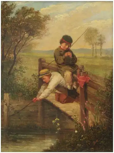 James Crawford Thom (1835 New York - 1898 Old Bridge N.J.). Kinder beim Angeln.
