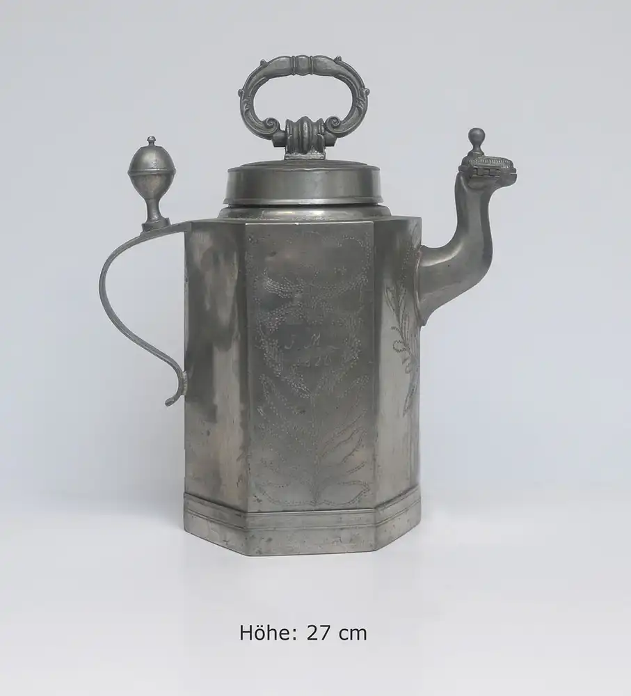 Zinn, schöne große Schwanenhalskanne, Tüllenkanne, Antik 1