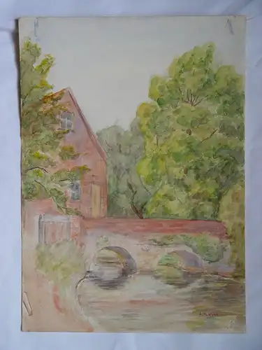 Landschaft Und Brücke L. H. Winn. Aquarell Englische Von Jh Xix-Xx