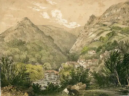 Schöne Lithographie Coloriert De Dorf Zwischen Bergen