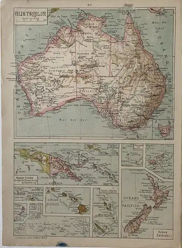 Landkarte De Australien Und Neu Zelanda. Lithographie Bearbeitet IN Madrid 1900