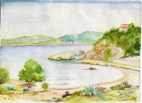 Landschaft De See. Aquarell Unterzeichnet A.Könige Und Fechada 6-6 50