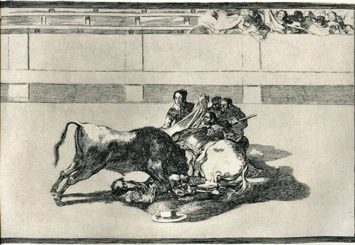 Goya. Stierkampf 26. Haarausfall De Ein Hauer De Ihr Pferd Unten Von Toro
