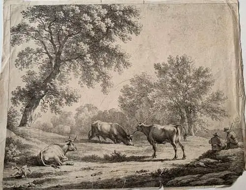 Hendrick Voogd. Litografía. Landschaft Cottage Mit Kühen auf der Weide