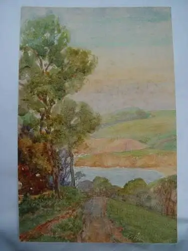 Landschaft Und Fluß Aquarell von Der Leipziger Englische Jh Xix-Xx. Apunte Al