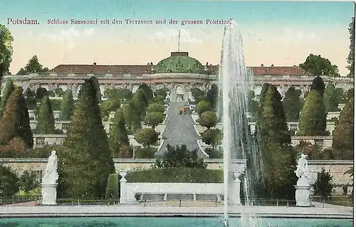 AK Potsdam. Schloss Sanssouci mit den Terrassen und der grossen Fontaine, 1914