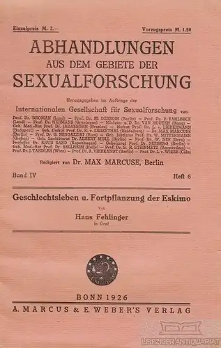 Buch: Geschlechtsleben und Fortpflanzung der Eskimo, Fehlinger, Hans. 1926