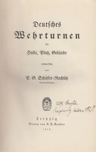 Buch: Deutsches Wehrturnen für Halle, Platz , Gelände, Schäfer, P. G. 1915