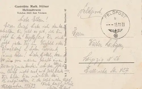 AK Gaststätte Math. Hülser. Helenabrunn. ca. 1939, Postkarte. Ca. 1939