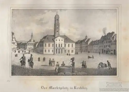 Der Marktplatz in Rochlitz. Original-Lithographie. Grafik mit Passepartout. 1840