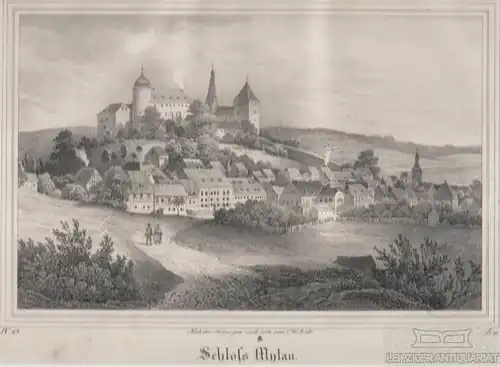 Schloss Mylau. Original-Lithographie. Grafik mit Passepartout, Arldt. 1840