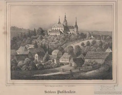 Schloss Purschenstein. Original-Lithographie. Grafik mit Passepartout, Müller, C