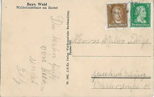 AK Bayr. Wald Waldschmiedhaus am Rachel. ca. 1913, Postkarte. Serien Nr
