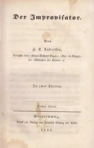 Buch: Der Improvisator, Andersen, Hans Christian. 1846, gebraucht, mittelmäßig