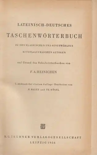 Buch: Der Taschen Heinichen Lateinisch Deutsch, 1956, B. G. Teubner Verlag