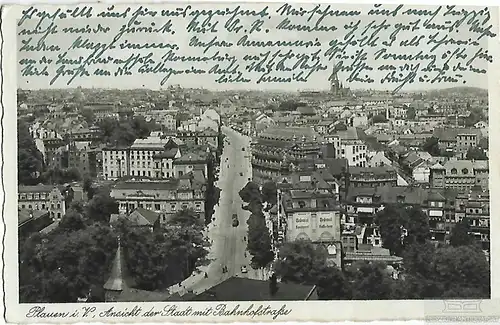 AK Plauen i. V. Ansicht der Stadt mit Bahnhofstraße. ca. 1938, Postkarte