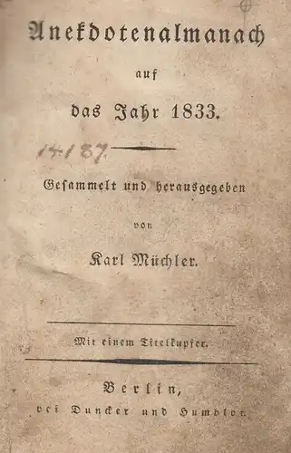 Buch: Anekdotenalmanach auf das Jahr 1833, Müchler, Karl. Anekdotenalmanach