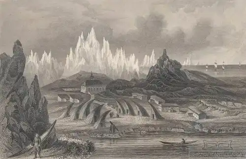 Die Herrenhuter-Colonie Lichtenfels in Grönland. aus Meyers... Stahlstich. 1850