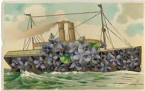 AK Künstlerkarte. Schiff mit Blumen und Goldrahmen. ca. 1914, Schifffahrt, gut