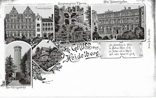 AK Gruss aus Heidelberg. Friedrichsbau. Der Königstuhl. Lithografie. ca. 1905