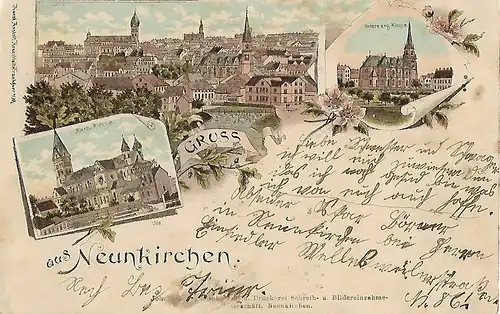 AK Gruss aus Neunkirchen. Kath. Kirche. Lithografie. ca. 1904, gebraucht, gut