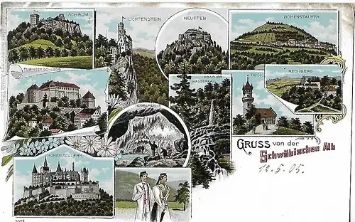 AK Gruss von der Schwäbischen Alb. Achalm. Lithografie. ca. 1905, gebraucht, gut