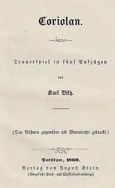 Buch: Coriolan, Biltz, Karl. 1860, Verlag August Stein (Riegel'sche)