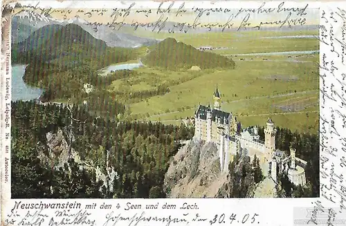 AK Neuschwanstein mit den 4 Seen und dem Lech. ca. 1905, Postkarte. Serien-Nr