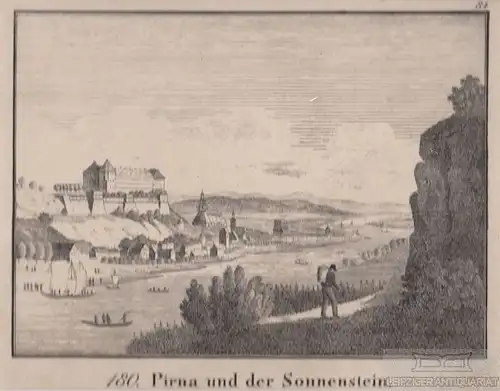 Grafik: 180. Pirna und der Sonnenstein. Original-Lithographie, 1829, Hellfarth