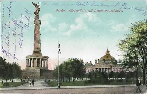 AK Berlin. Siegessäule mit Reichstagsgebäude. ca. 1915, Postkarte. Ca. 1915