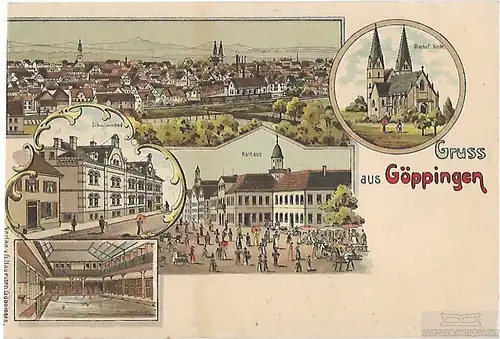 AK Gruss aus Göppingen. Rathaus. Schwimmbad. ca. 1912, Postkarte. Ca. 1912