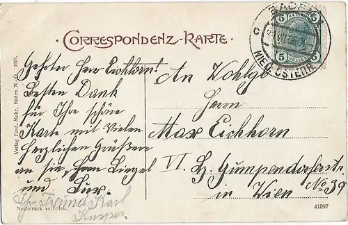 AK Baden b. Wien. Kurhaus mit Trinkhalle. ca. 1905, Postkarte. Serien Nr