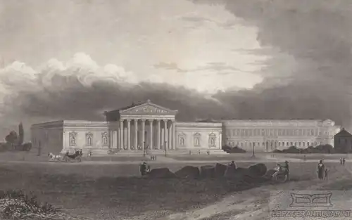 Glyptothek und Pinacothek in München. aus Meyers Universum, Stahlstich. 1850