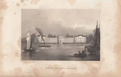 Schloss Bieberich am Rhein. aus Meyers Universum, Stahlstich. Kunstgrafik, 1850