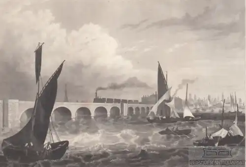 DerEisenbahn-Viaduct über die Lagunen nach Venedig. aus Meyers... Stahlstich