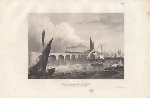 DerEisenbahn-Viaduct über die Lagunen nach Venedig. aus Meyers... Stahlstich