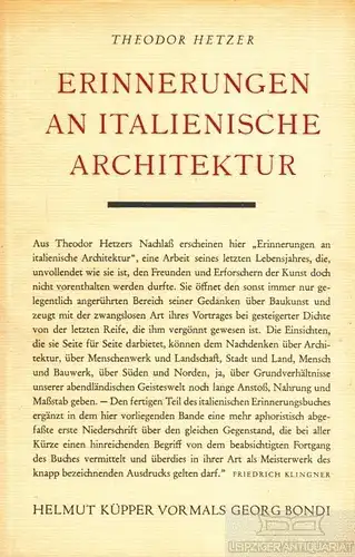 Buch: Erinnerungen an italienische Architektur, Hetzer, Theodor. 1951